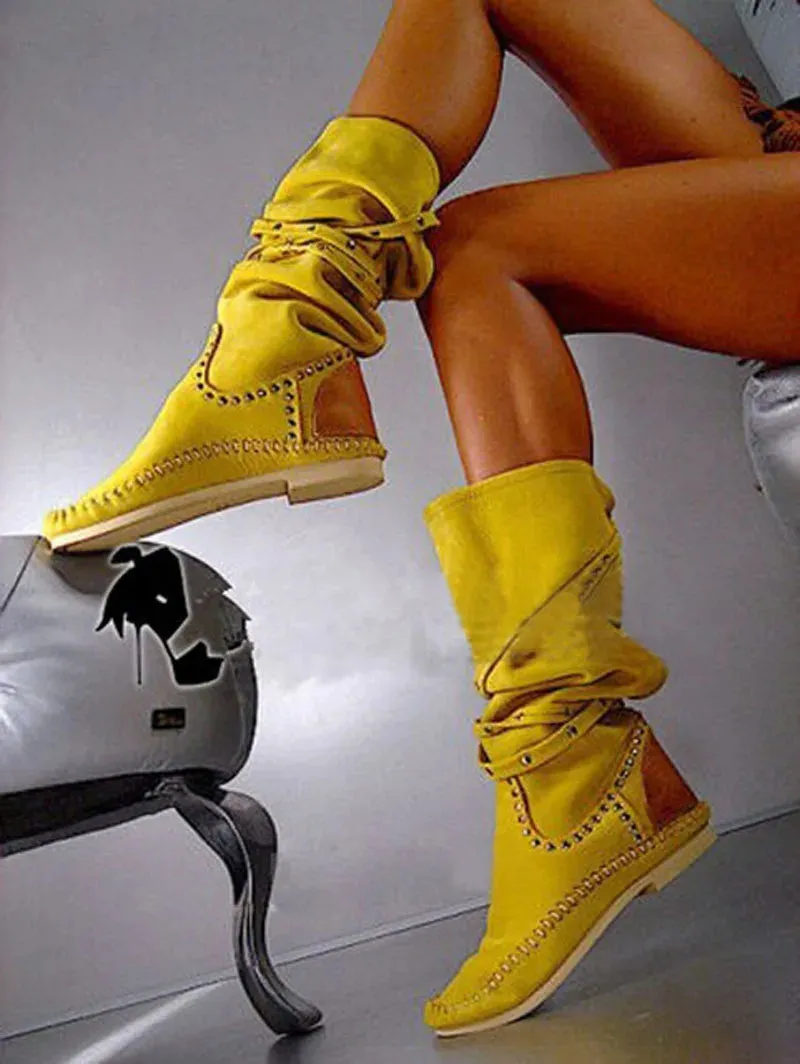 TAVIMART  -  Factory Ladies Rivets Studded Belt Fasten Flat Knee Boots Yellow white Suede Round Toe Woman Autumn Roman Botas Shoes