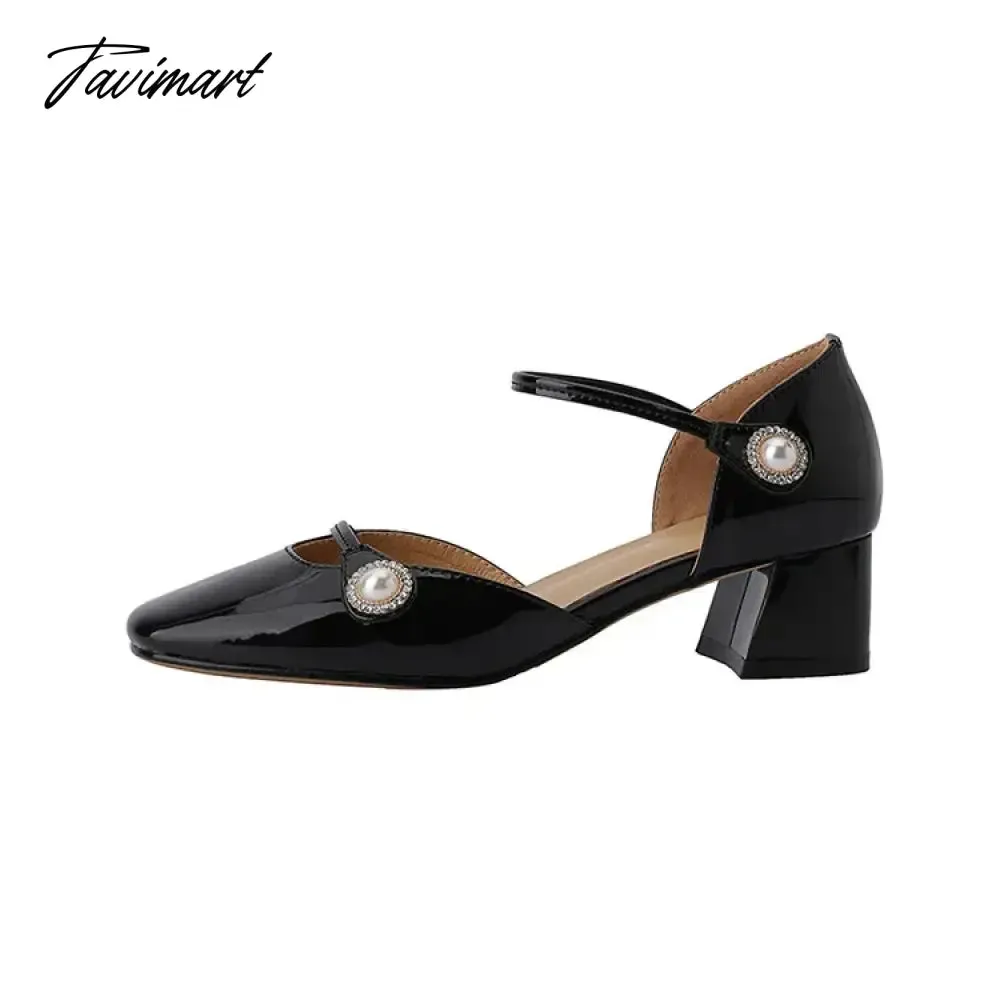 TAVIMART -  NEW Summer Shoes Women Square Toe Chunky Heel Sandals Women Patent Leather Solid Cover Heel Shoes for Women Red/Black Chic Shoes