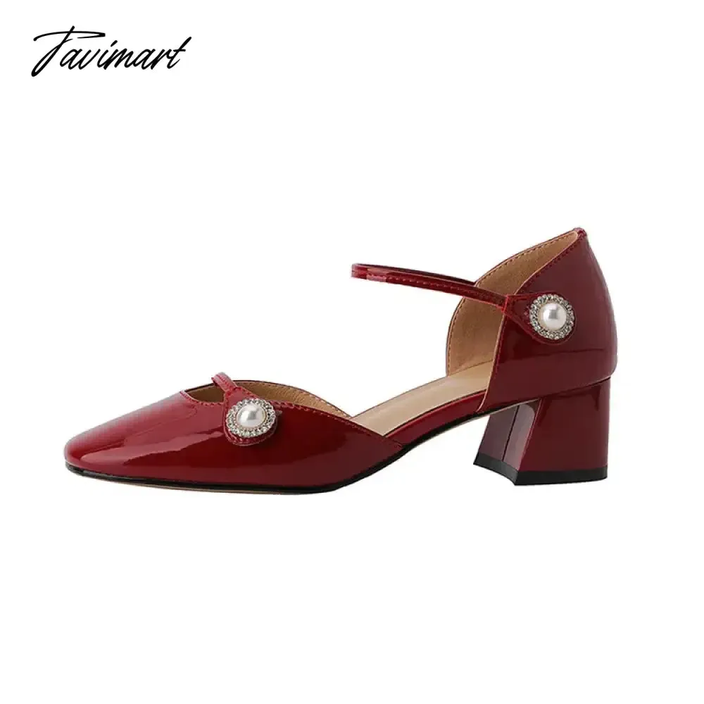 TAVIMART -  NEW Summer Shoes Women Square Toe Chunky Heel Sandals Women Patent Leather Solid Cover Heel Shoes for Women Red/Black Chic Shoes