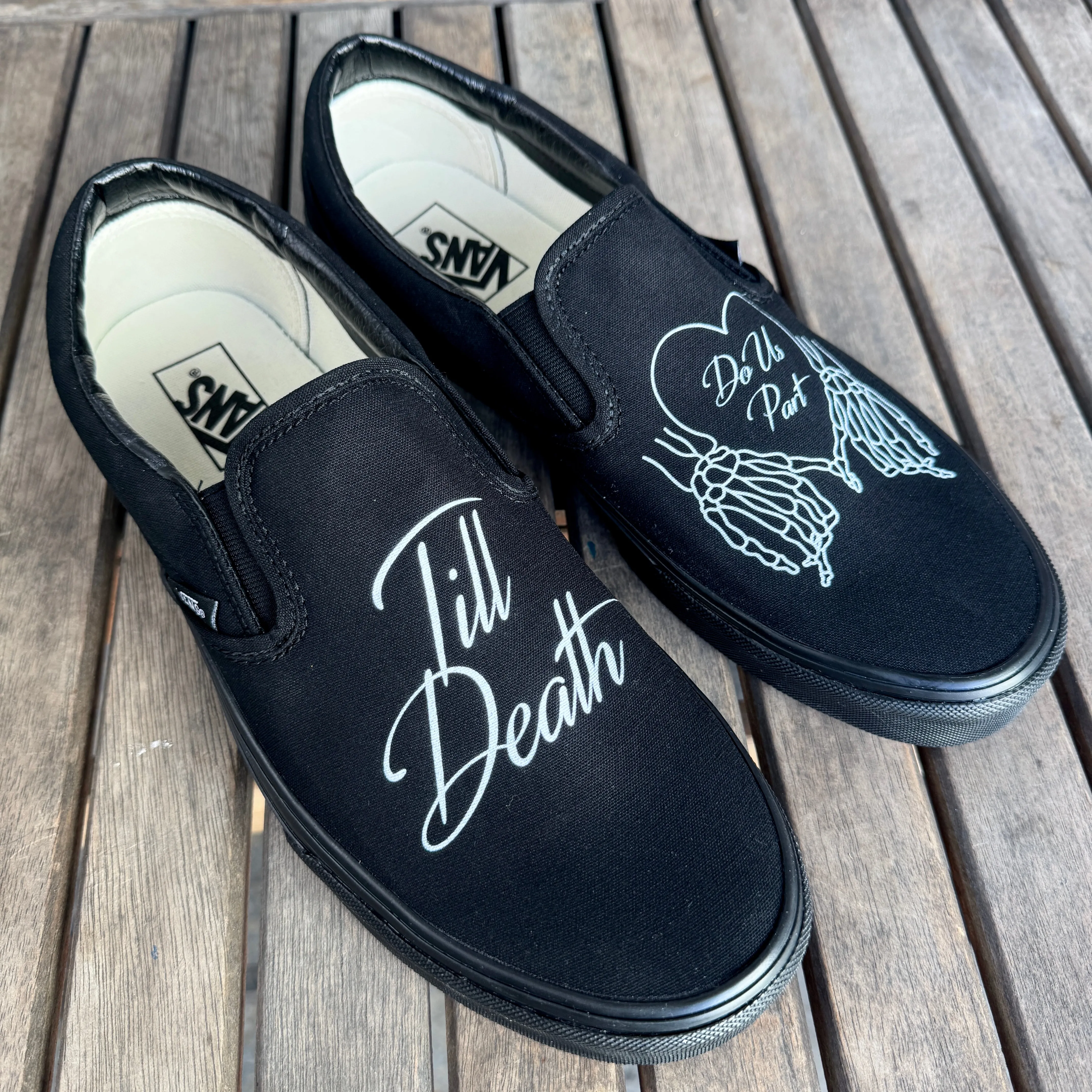 Till Death Pinky Heart Custom Wedding Vans Black/Black Slip On Shoes for Men and Women