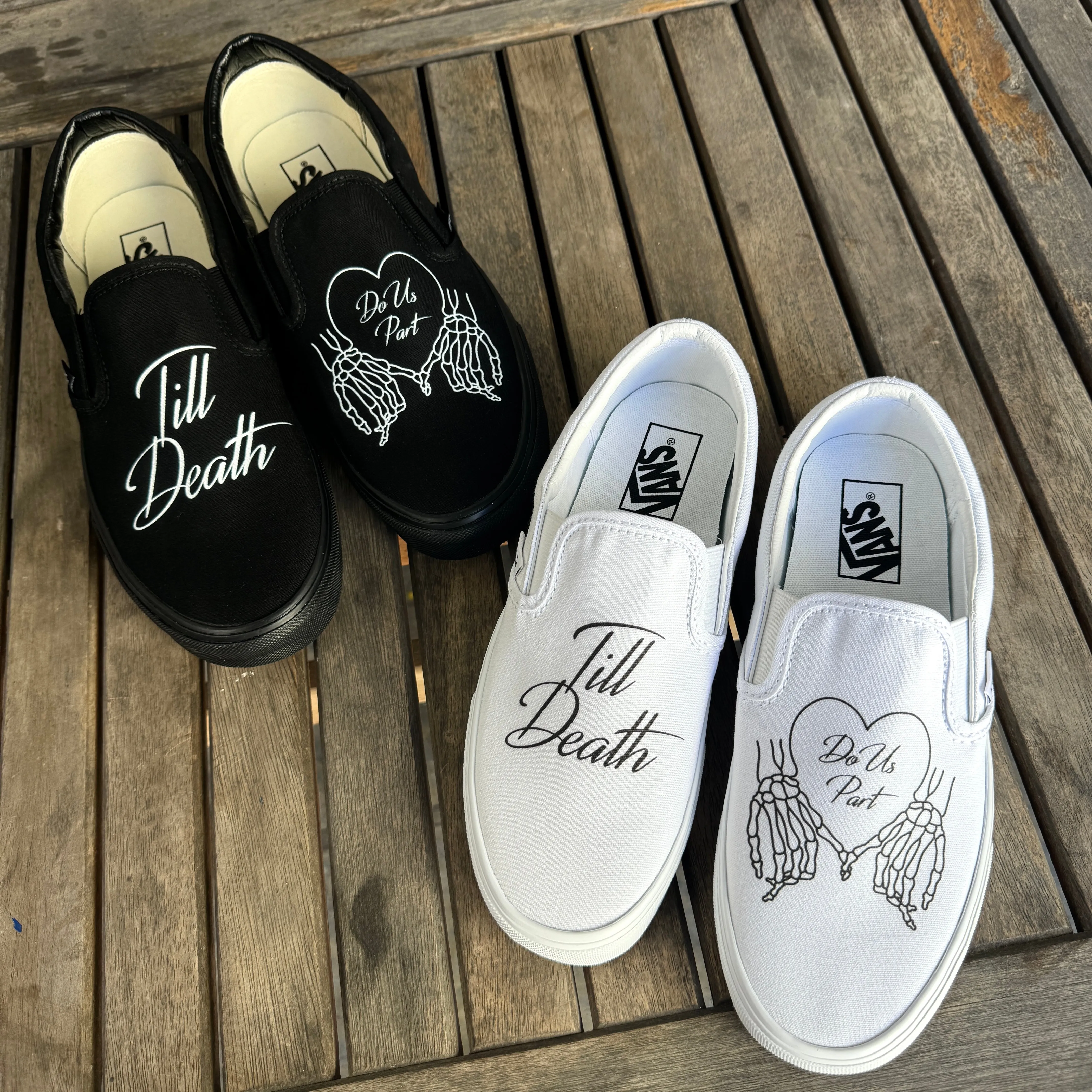 Till Death Pinky Heart Custom Wedding Vans Black/Black Slip On Shoes for Men and Women