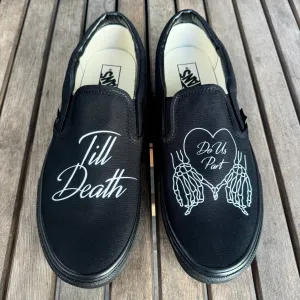 Till Death Pinky Heart Custom Wedding Vans Black/Black Slip On Shoes for Men and Women