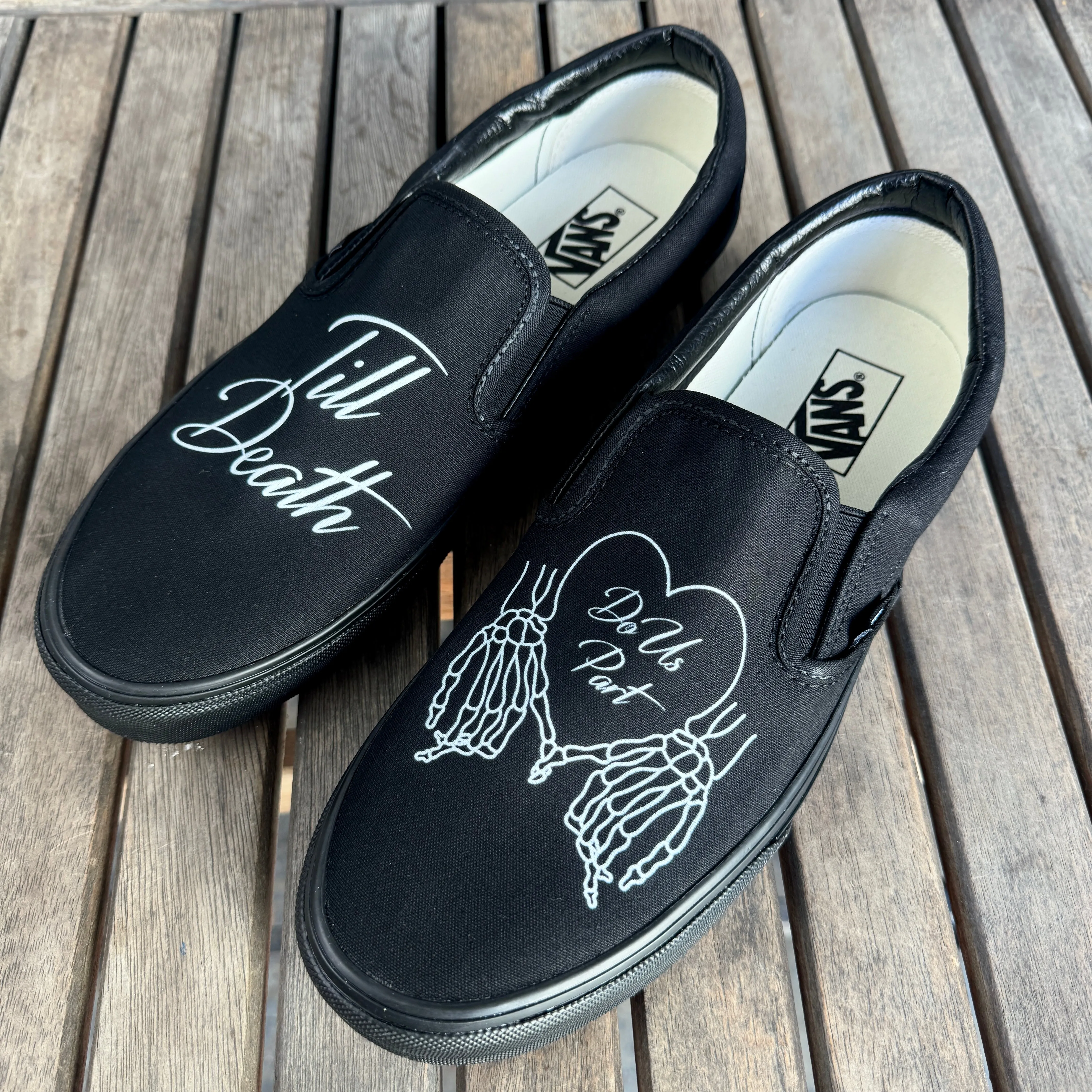 Till Death Pinky Heart Custom Wedding Vans Black/Black Slip On Shoes for Men and Women