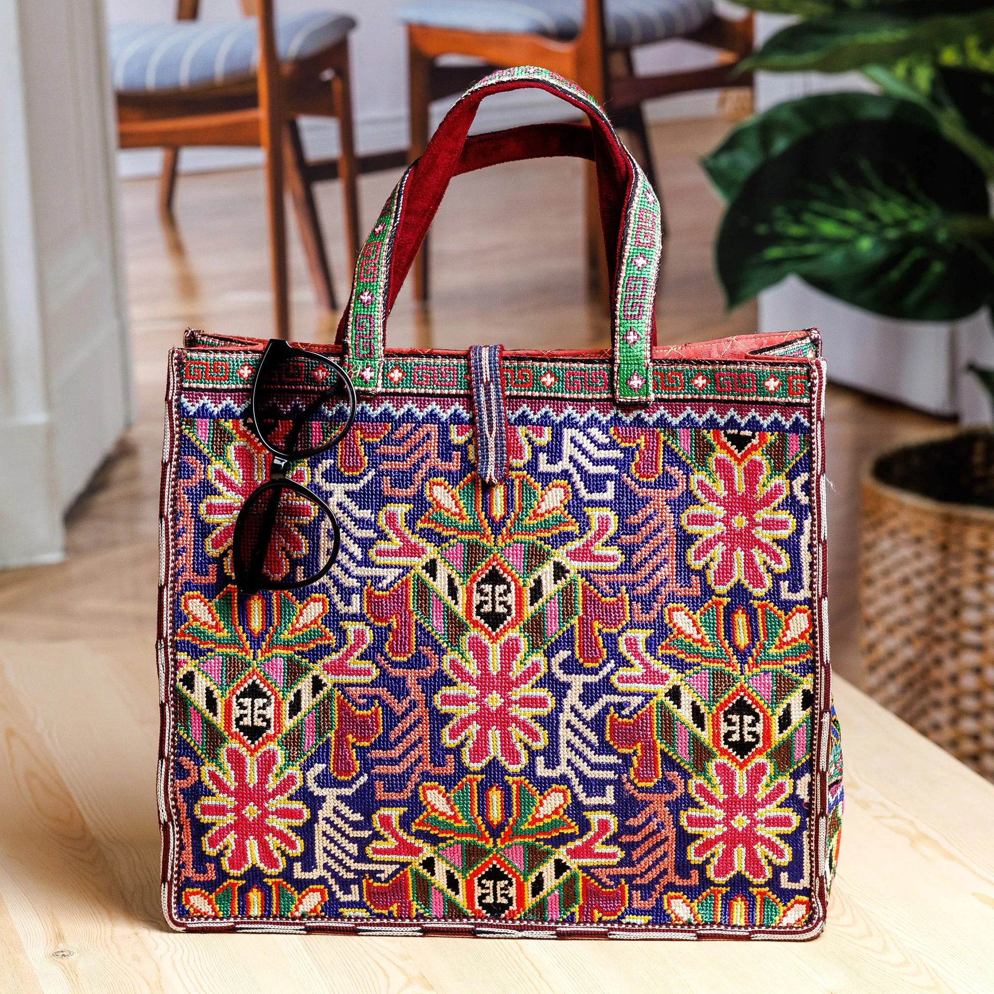 Tote Bag with Floral Iroki Hand Embroidery from Uzbekistan - Alluring Flora | NOVICA