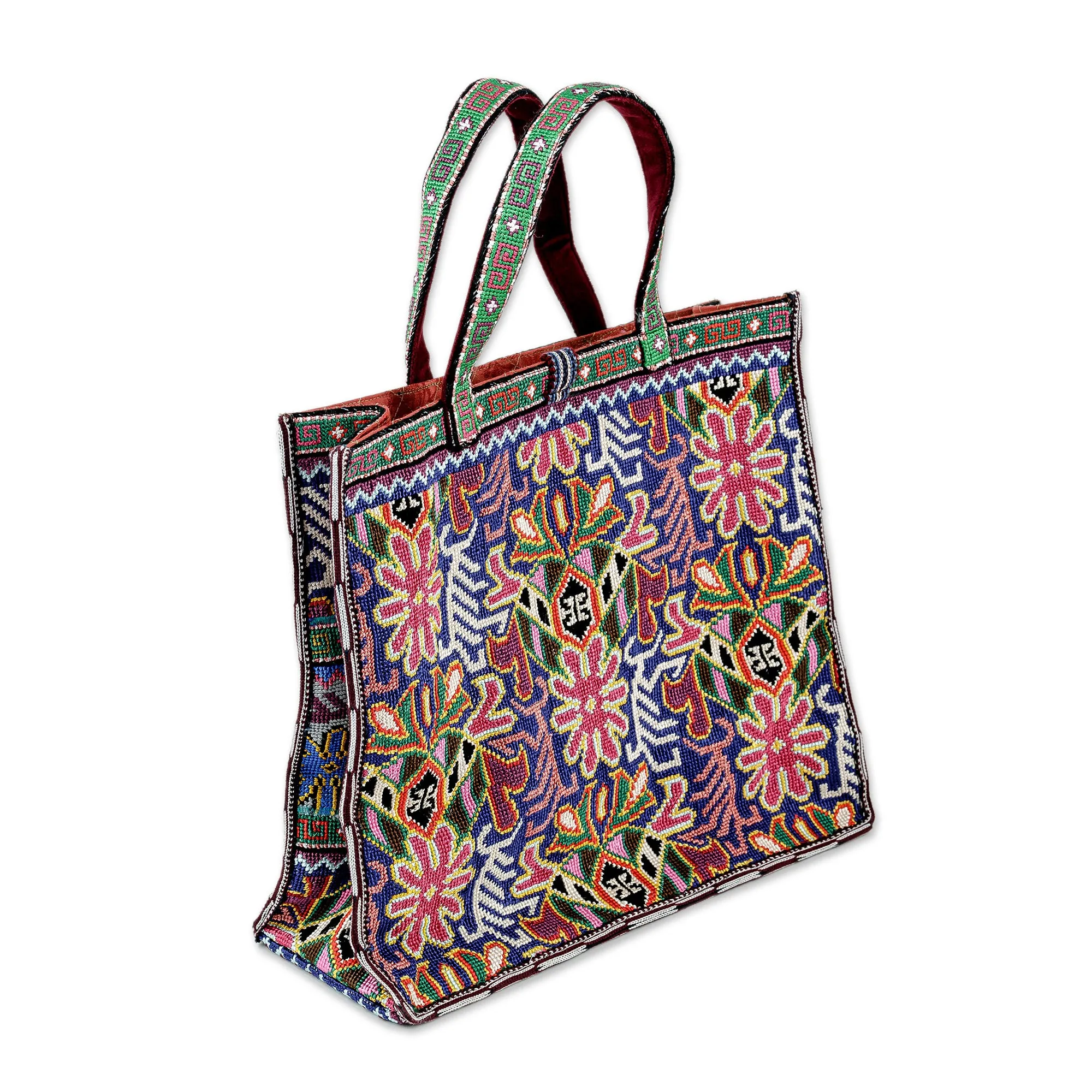 Tote Bag with Floral Iroki Hand Embroidery from Uzbekistan - Alluring Flora | NOVICA