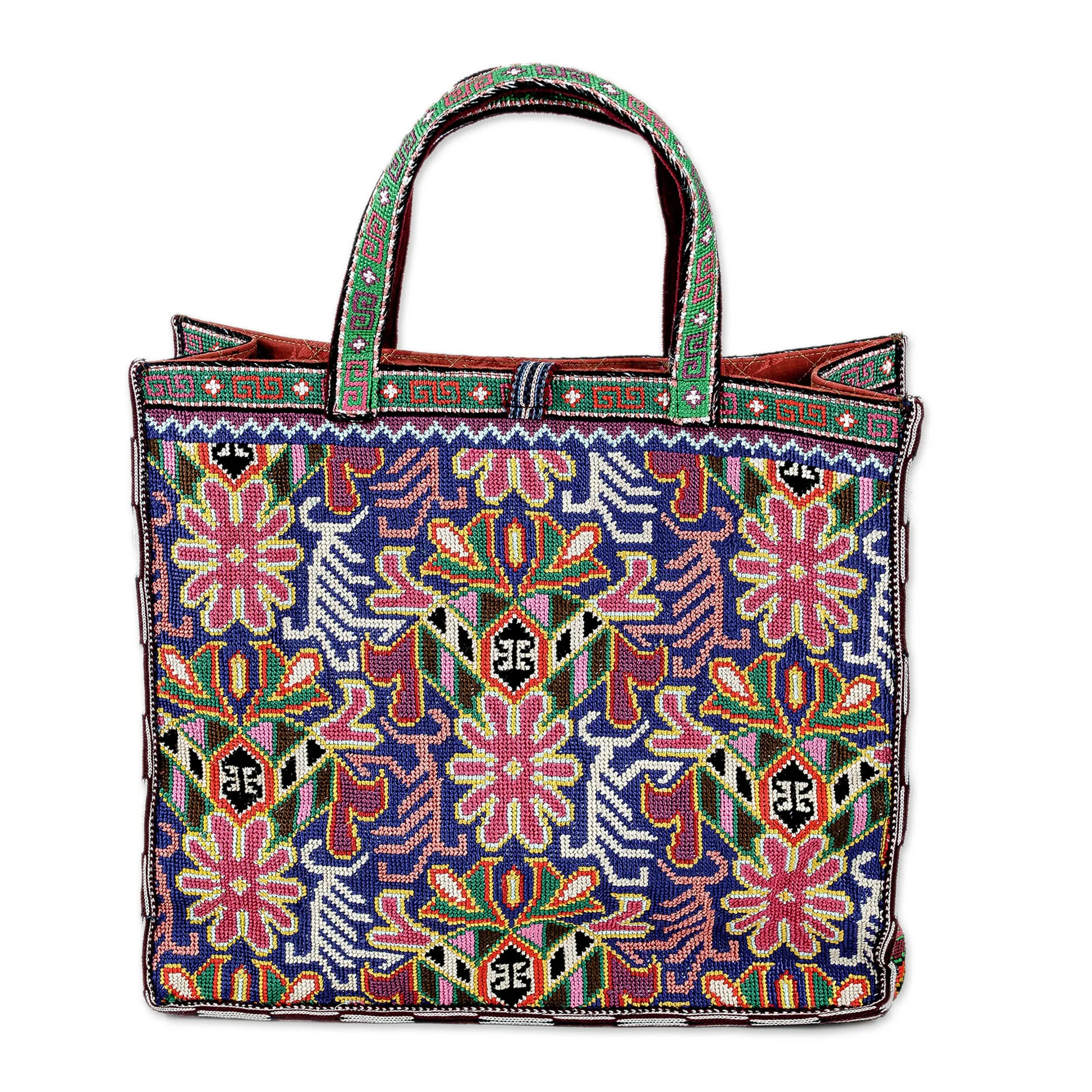 Tote Bag with Floral Iroki Hand Embroidery from Uzbekistan - Alluring Flora | NOVICA