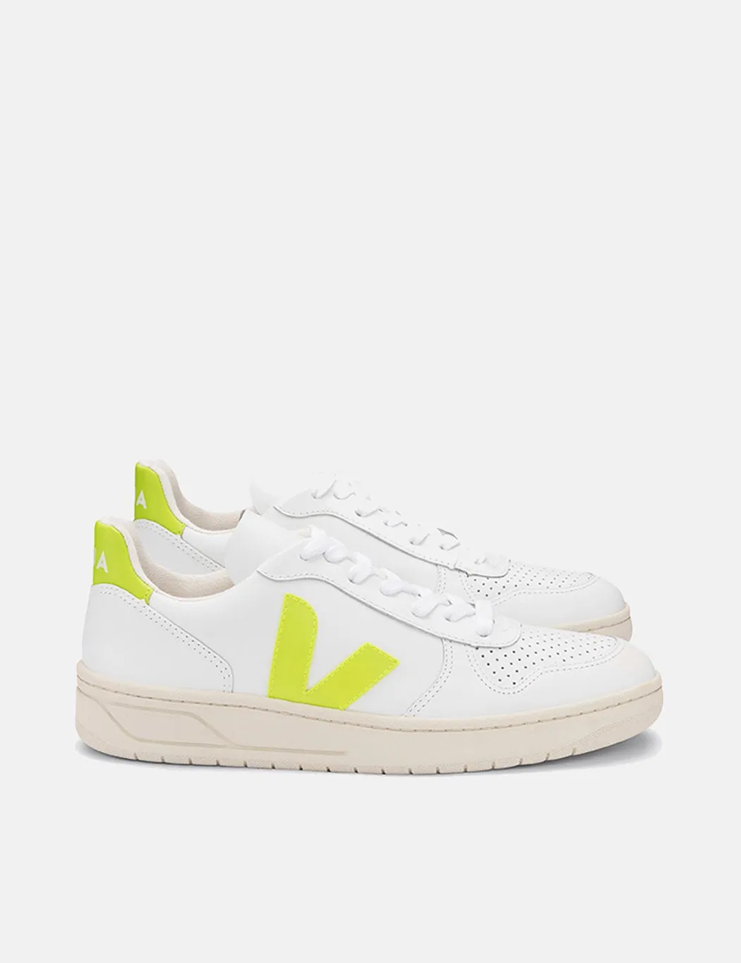 Veja V-10 Leather Trainers - Extra White/Jaune-Fluo