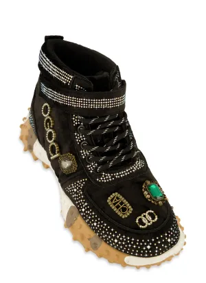 Velvet Rhinestone Embellished High Top Sneakers