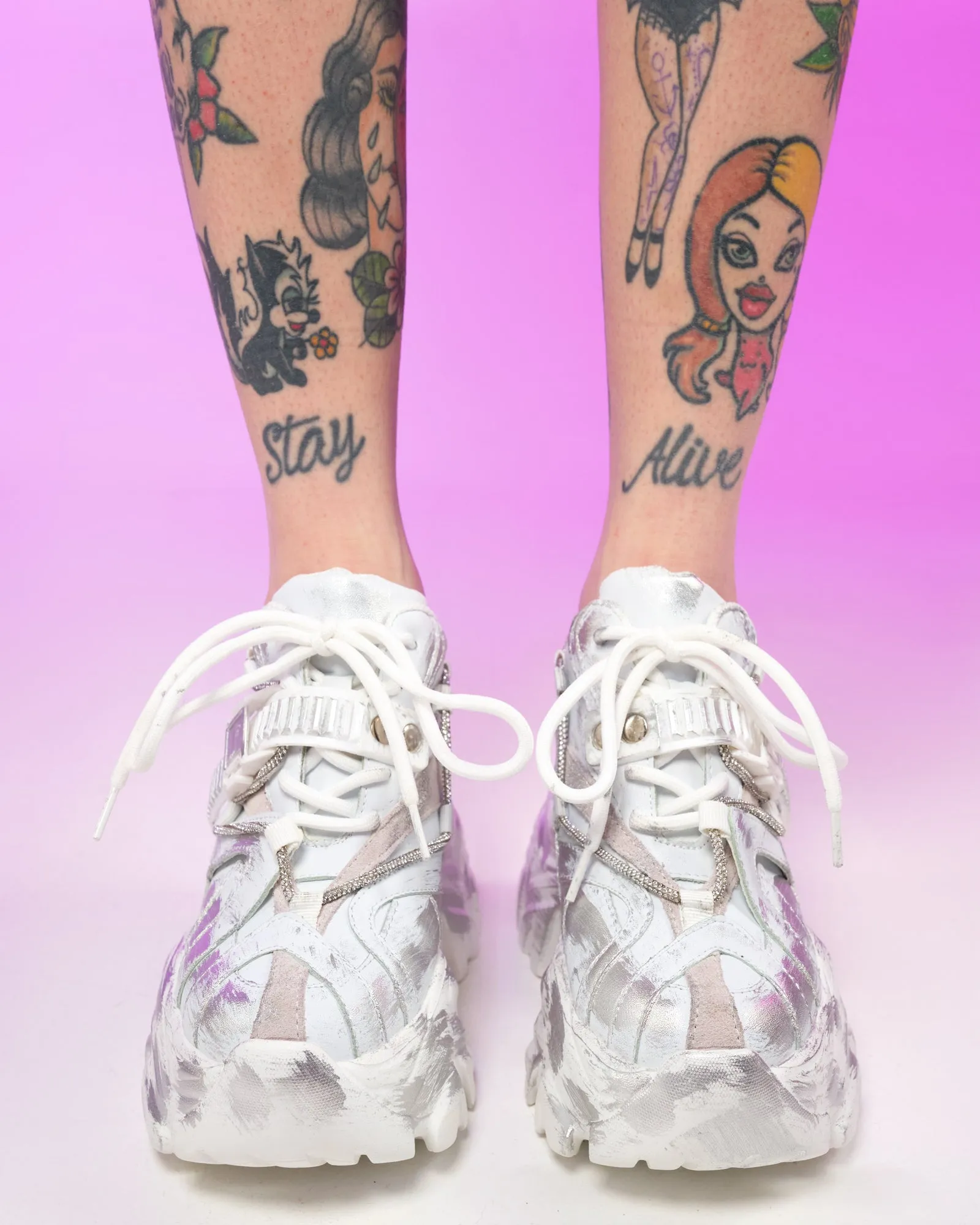 White Cyber Grunge Wedge Sneakers