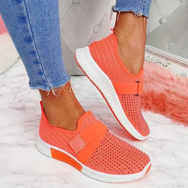 Women Fashion Bling Rhinestones Flyknit Fabric Slip On Breathable Platform Sneakers