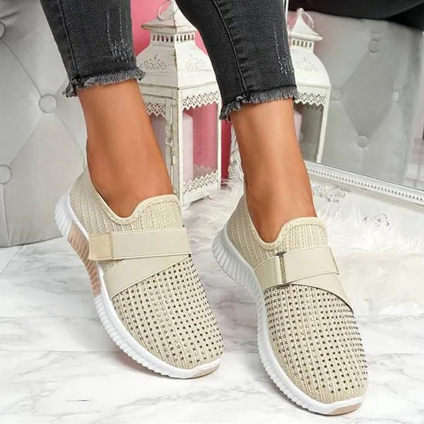 Women Fashion Bling Rhinestones Flyknit Fabric Slip On Breathable Platform Sneakers