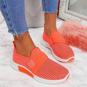 Women Fashion Bling Rhinestones Flyknit Fabric Slip On Breathable Platform Sneakers