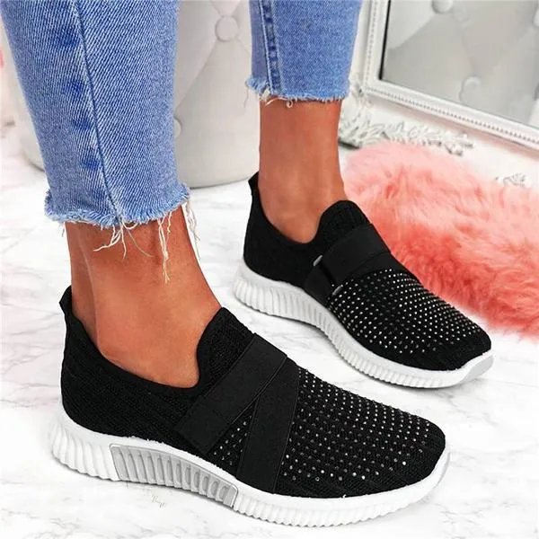 Women Fashion Bling Rhinestones Flyknit Fabric Slip On Breathable Platform Sneakers