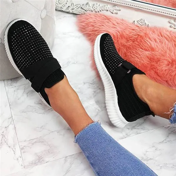 Women Fashion Bling Rhinestones Flyknit Fabric Slip On Breathable Platform Sneakers