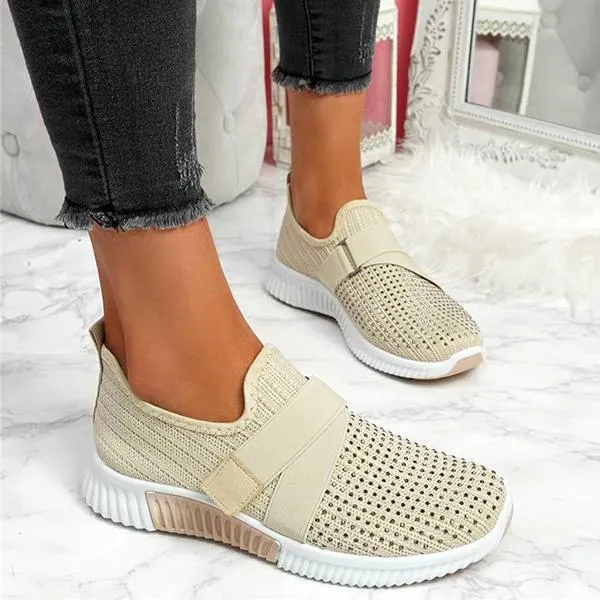 Women Fashion Bling Rhinestones Flyknit Fabric Slip On Breathable Platform Sneakers