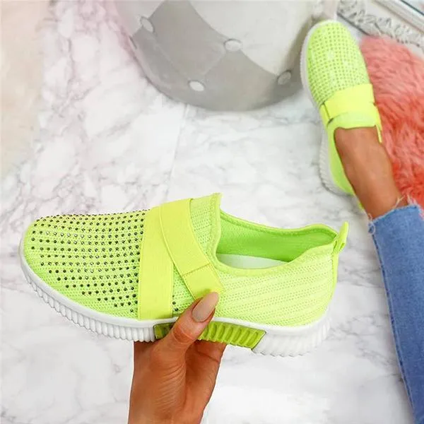 Women Fashion Bling Rhinestones Flyknit Fabric Slip On Breathable Platform Sneakers