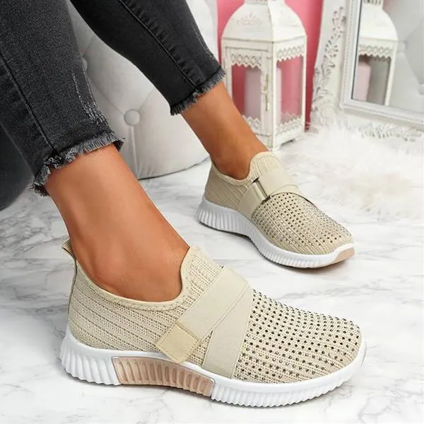 Women Fashion Bling Rhinestones Flyknit Fabric Slip On Breathable Platform Sneakers