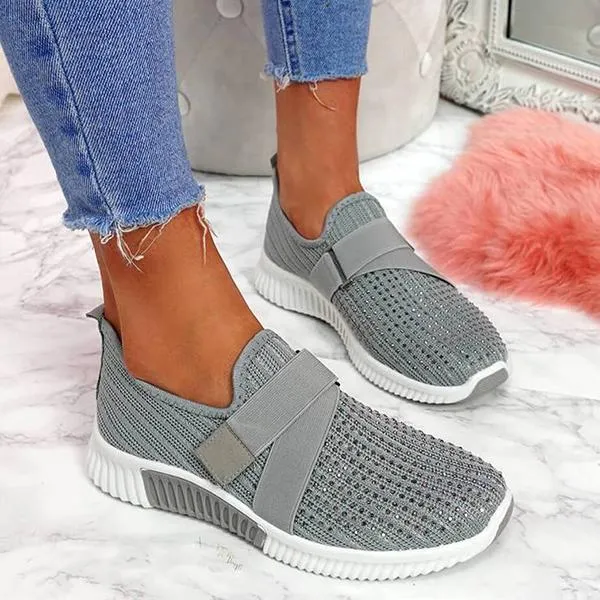 Women Fashion Bling Rhinestones Flyknit Fabric Slip On Breathable Platform Sneakers