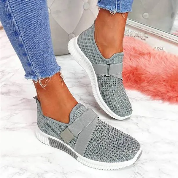 Women Fashion Bling Rhinestones Flyknit Fabric Slip On Breathable Platform Sneakers