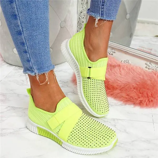 Women Fashion Bling Rhinestones Flyknit Fabric Slip On Breathable Platform Sneakers