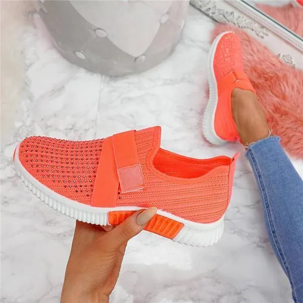 Women Fashion Bling Rhinestones Flyknit Fabric Slip On Breathable Platform Sneakers