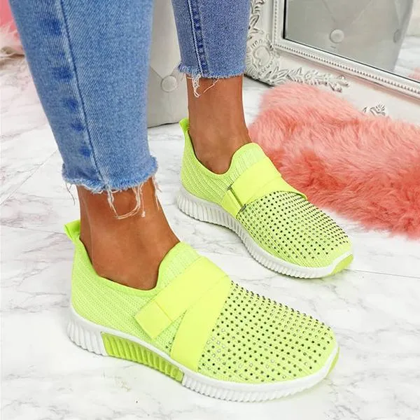 Women Fashion Bling Rhinestones Flyknit Fabric Slip On Breathable Platform Sneakers