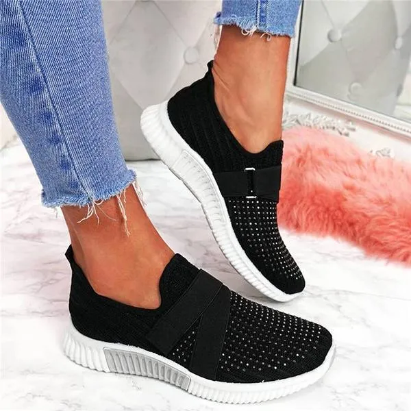 Women Fashion Bling Rhinestones Flyknit Fabric Slip On Breathable Platform Sneakers