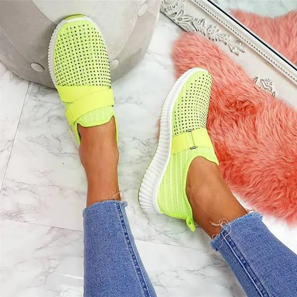 Women Fashion Bling Rhinestones Flyknit Fabric Slip On Breathable Platform Sneakers