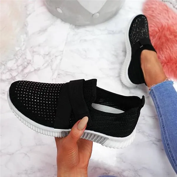 Women Fashion Bling Rhinestones Flyknit Fabric Slip On Breathable Platform Sneakers