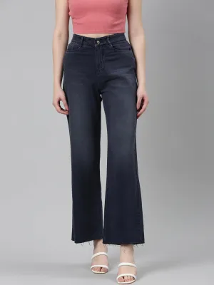 Women Navy Blue Solid Wide Leg Denim Jeans