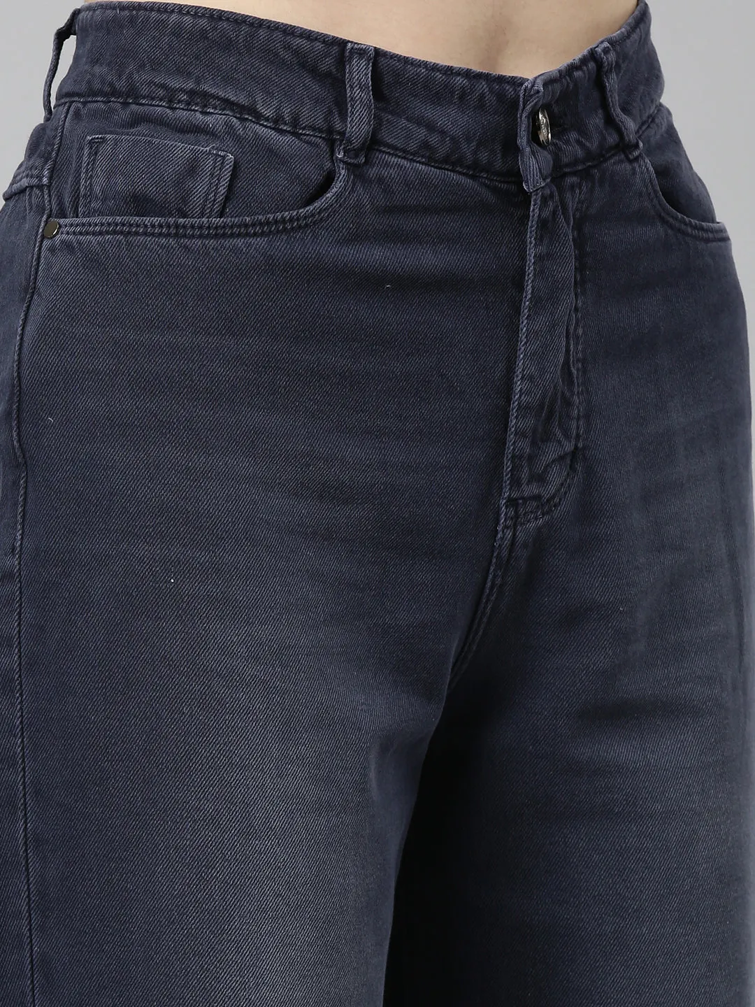 Women Navy Blue Solid Wide Leg Denim Jeans