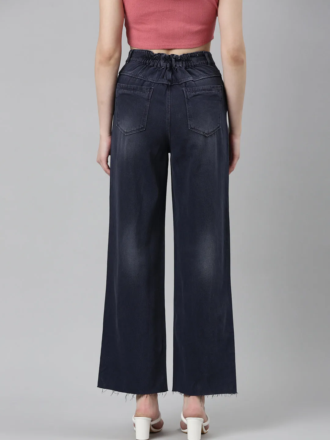 Women Navy Blue Solid Wide Leg Denim Jeans