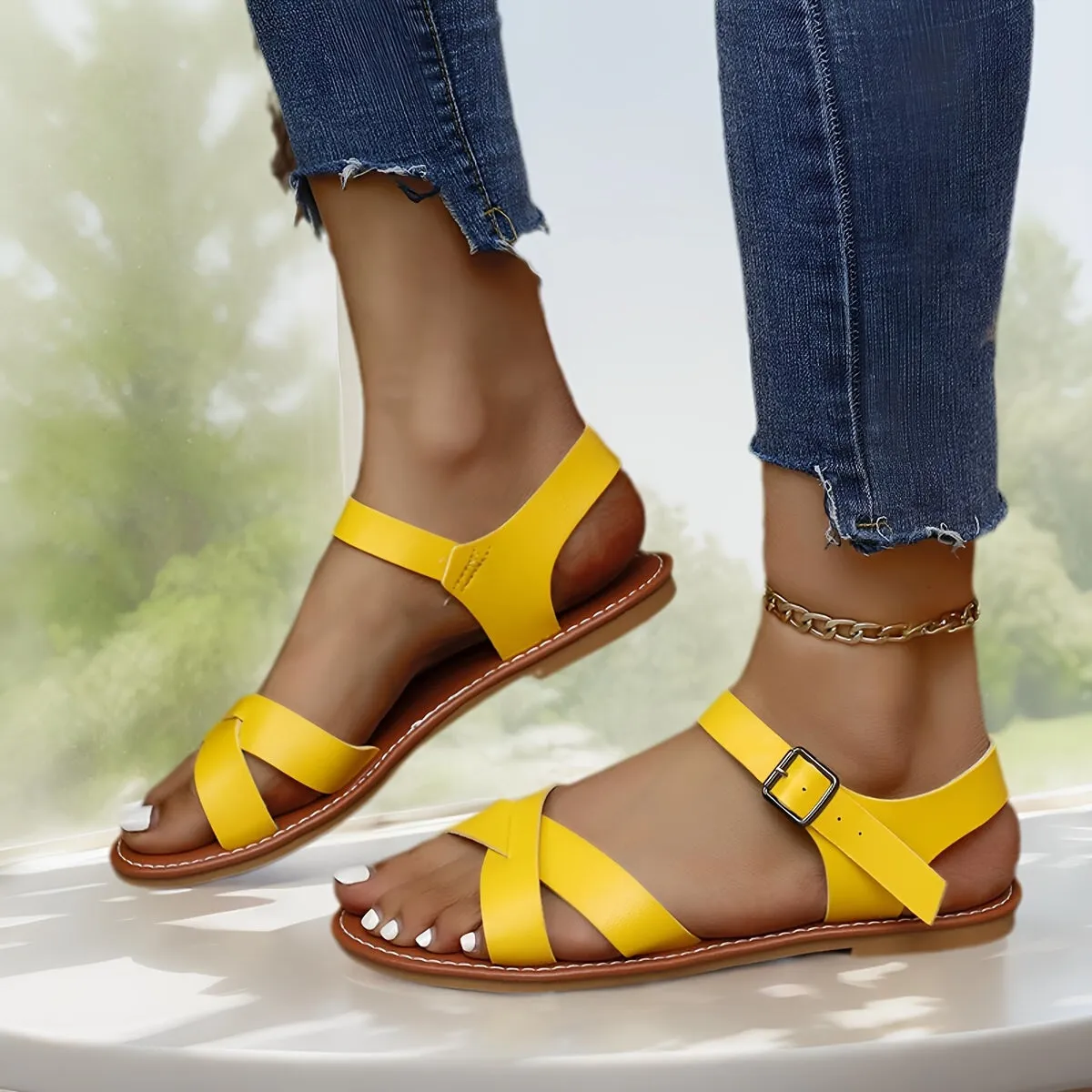 Womens Chic Cross Band Flat Sandals - Breathable Open Toe, Adjustable Ankle Strap - Lightweight Comfort for Casual Summer Wear