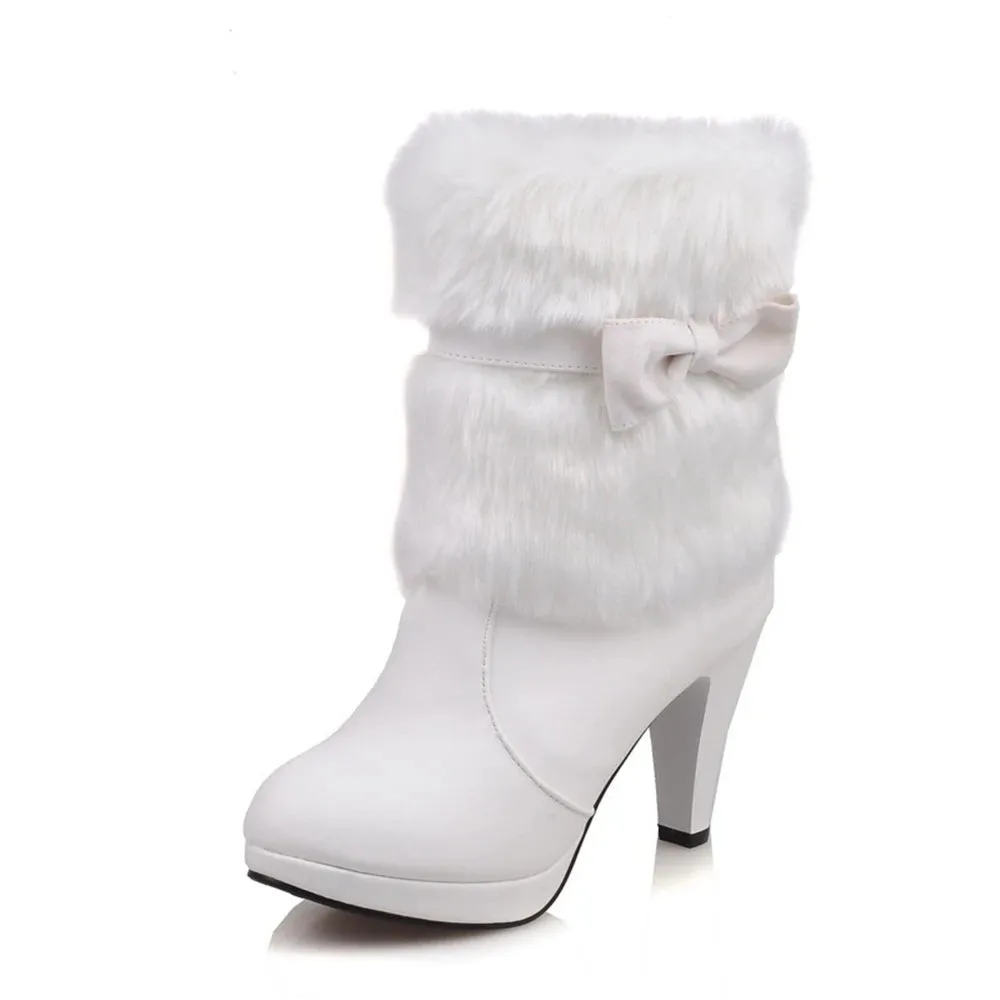 Women's Fashion Faux Fur High-heeled Boots Bowtie Ladies Party Wedding Shoes