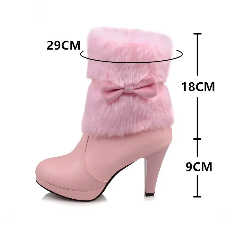 Women's Fashion Faux Fur High-heeled Boots Bowtie Ladies Party Wedding Shoes