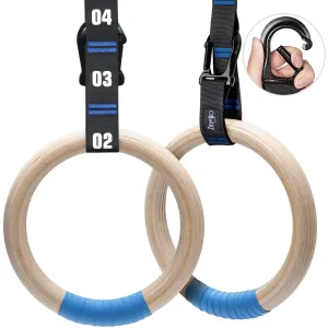 Wooden Gymnastic Rings with Adjustable Numbered Straps, 1.1'' and  1.25"