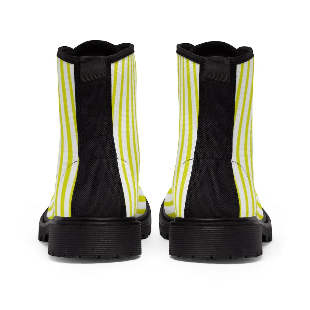 Yellow Striped Print Men's Boots, White Stripes Best Hiking Winter Boots Laced Up Shoes For Men