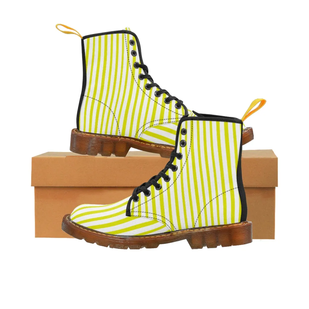 Yellow Striped Print Men's Boots, White Stripes Best Hiking Winter Boots Laced Up Shoes For Men