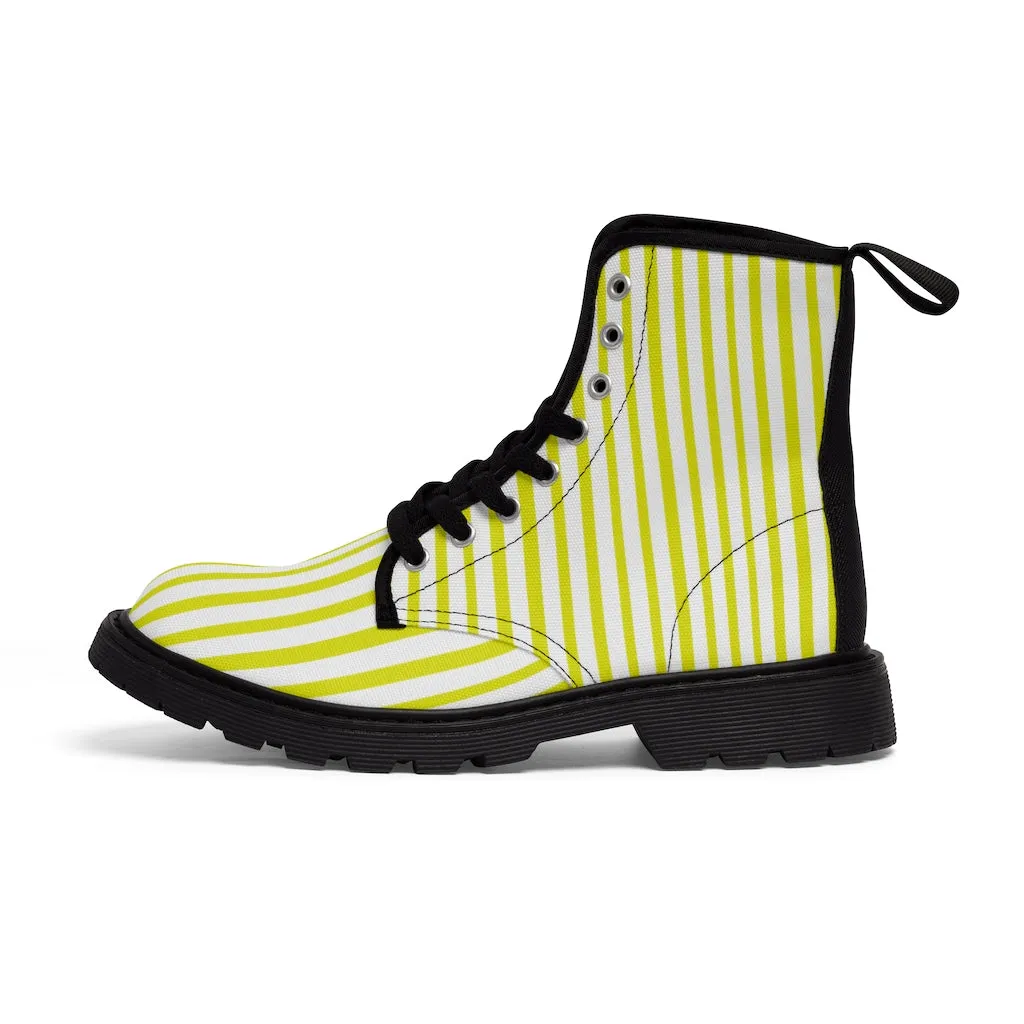 Yellow Striped Print Men's Boots, White Stripes Best Hiking Winter Boots Laced Up Shoes For Men