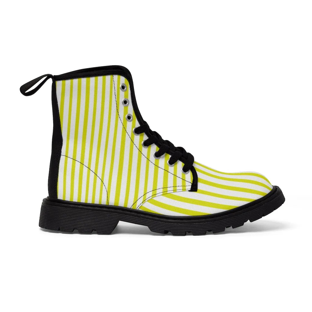 Yellow Striped Print Men's Boots, White Stripes Best Hiking Winter Boots Laced Up Shoes For Men