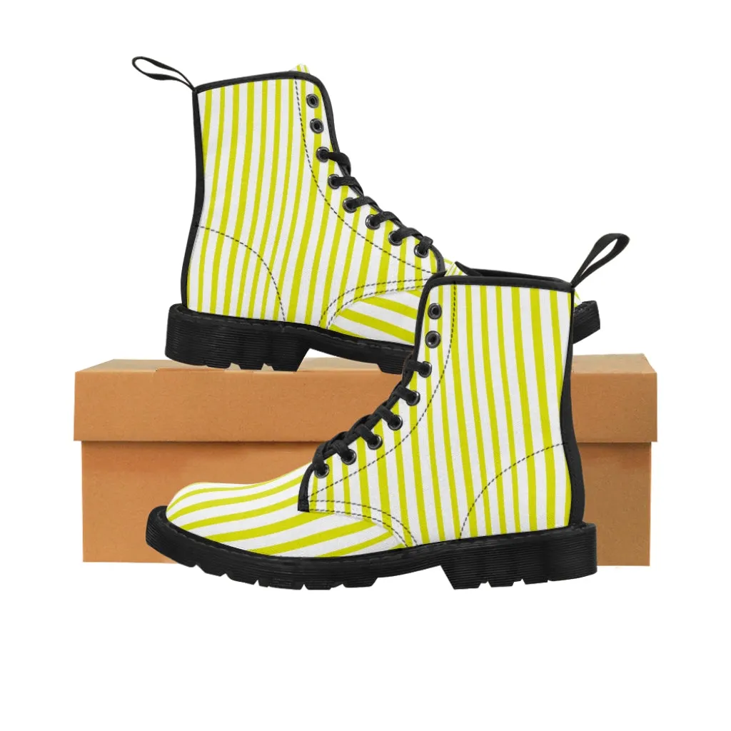 Yellow Striped Print Men's Boots, White Stripes Best Hiking Winter Boots Laced Up Shoes For Men