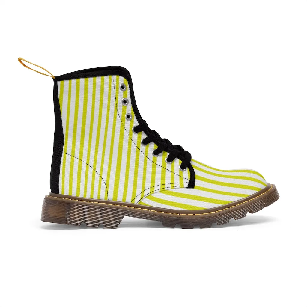 Yellow Striped Print Men's Boots, White Stripes Best Hiking Winter Boots Laced Up Shoes For Men