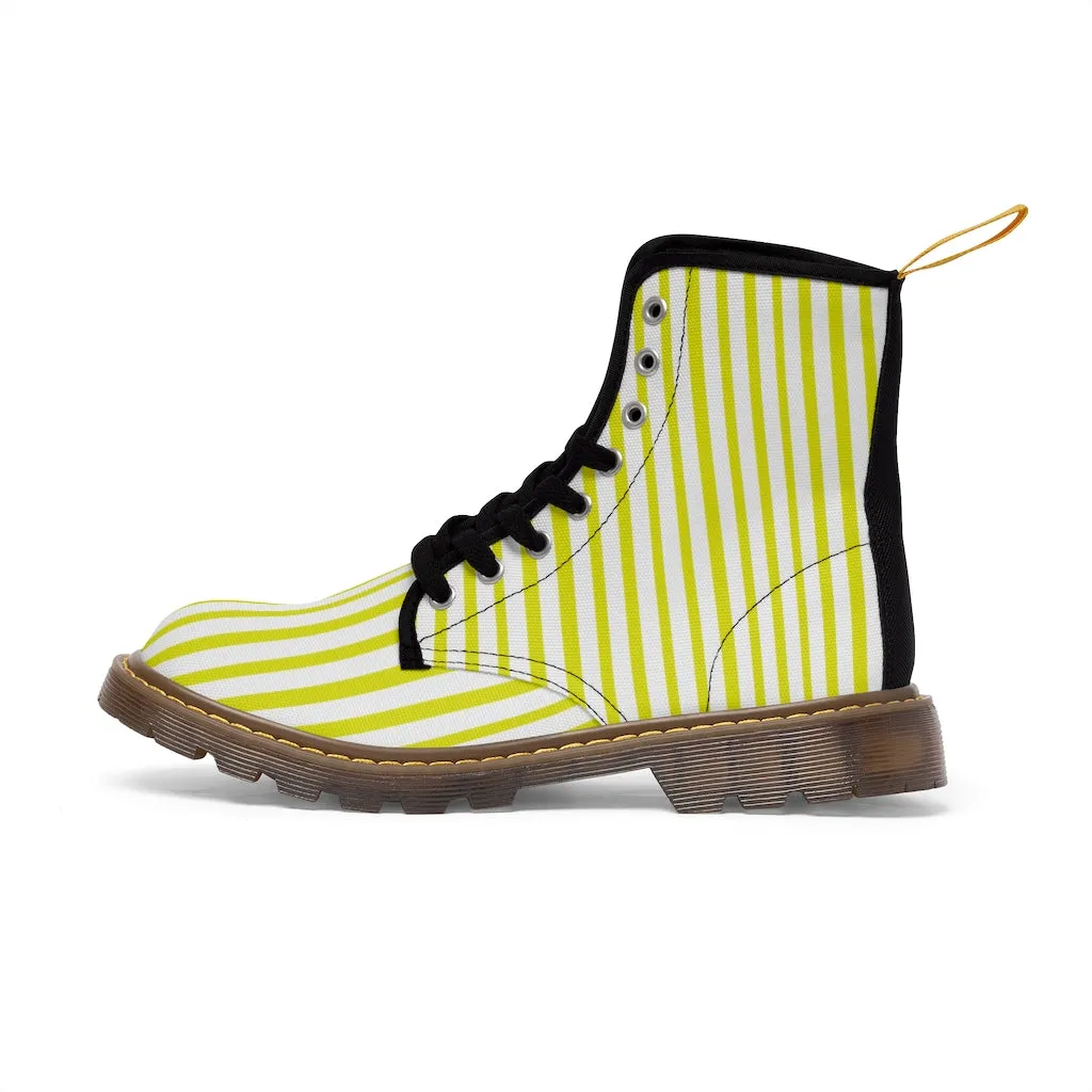 Yellow Striped Print Men's Boots, White Stripes Best Hiking Winter Boots Laced Up Shoes For Men